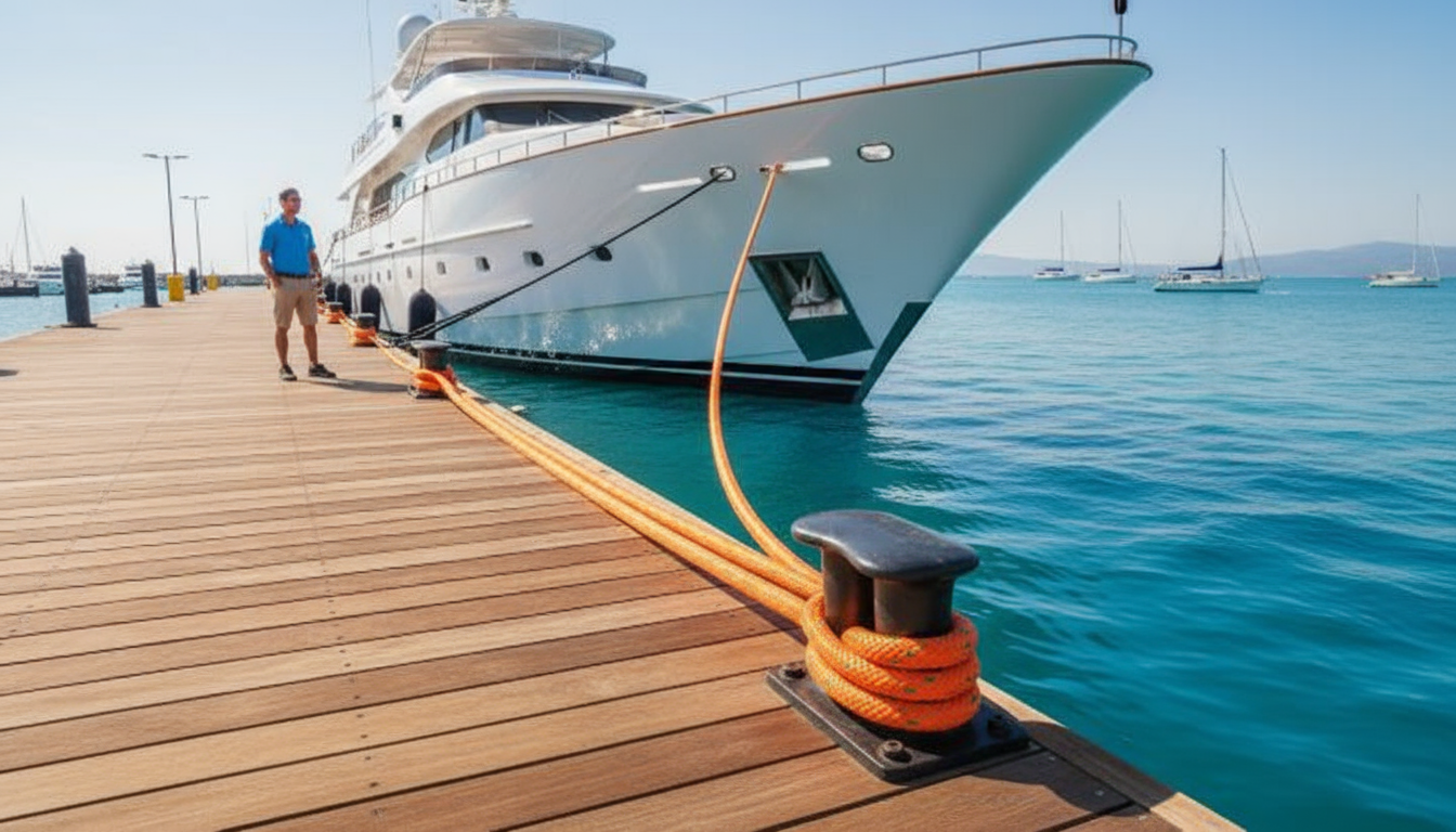 Three‑strand nylon rope securing a yacht to a dock, showing the rope’s stretch and bright colour against blue water