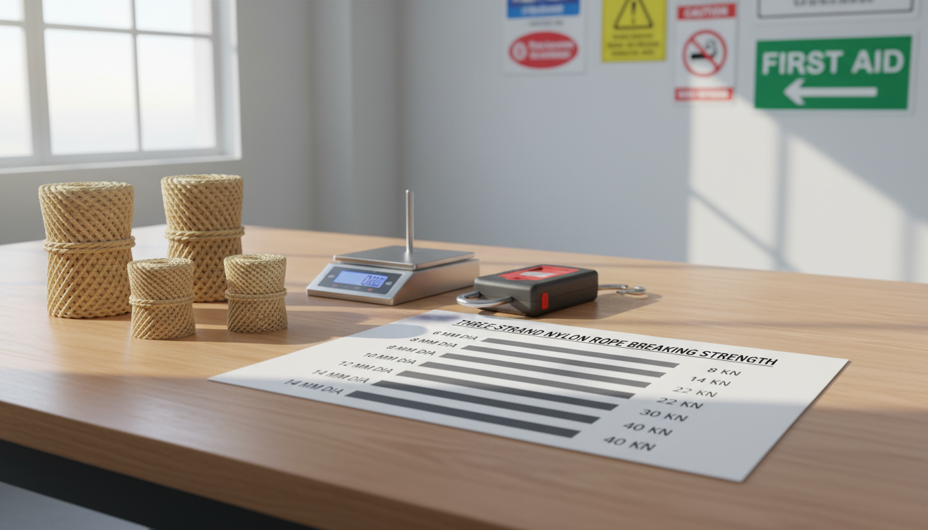 Technical test chart showing breaking strength of three‑strand nylon rope across multiple diameters with clear numerical values