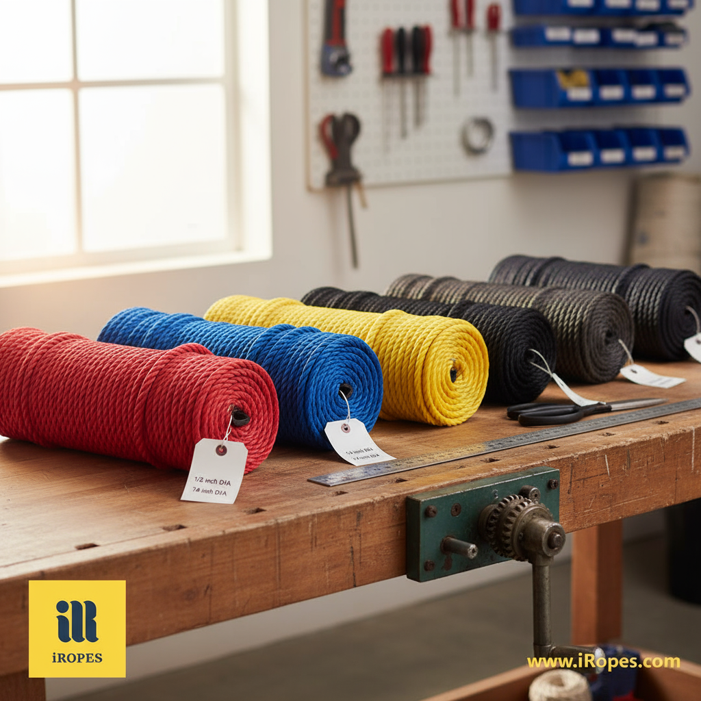Custom three-strand nylon rope rolls in assorted colours on a workshop table, highlighting diameter markers and branding tags