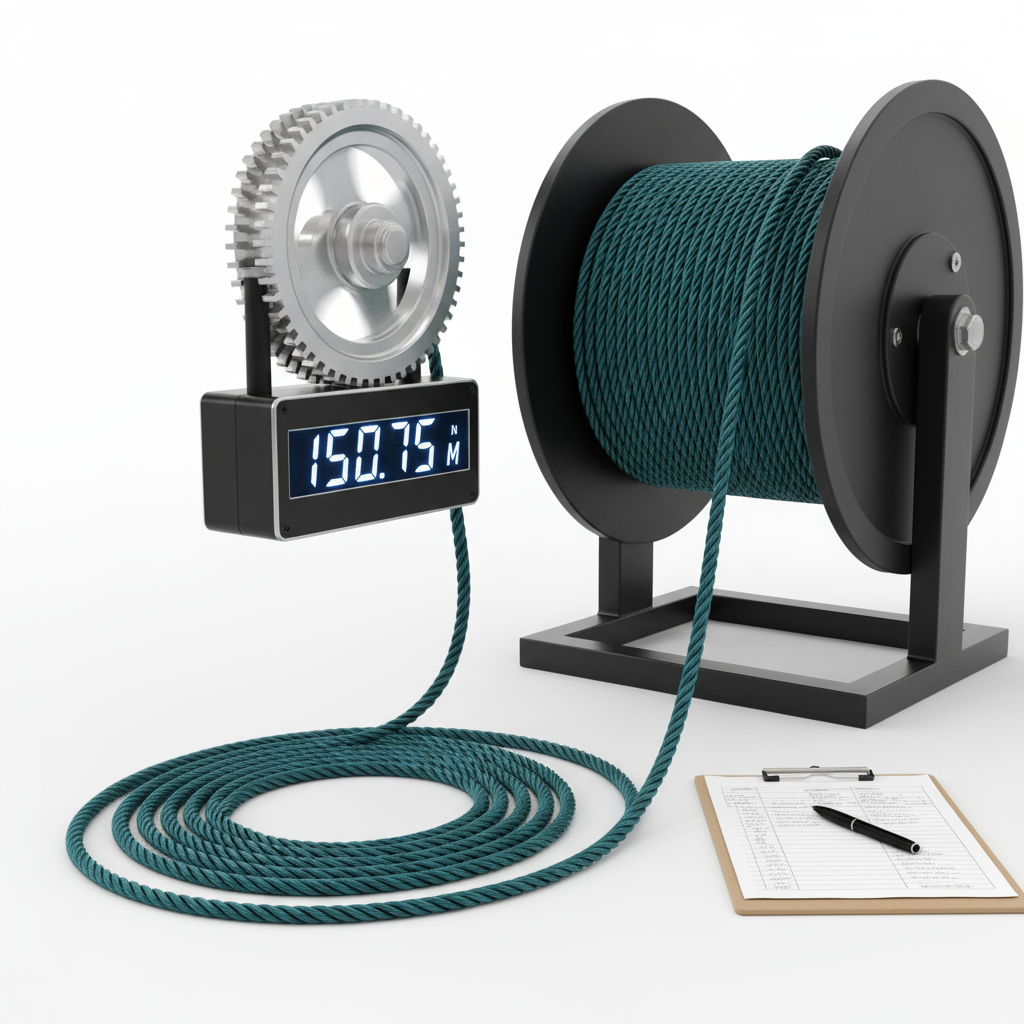 Close-up of a cordage counter wheel and digital display measuring a coil of synthetic rope