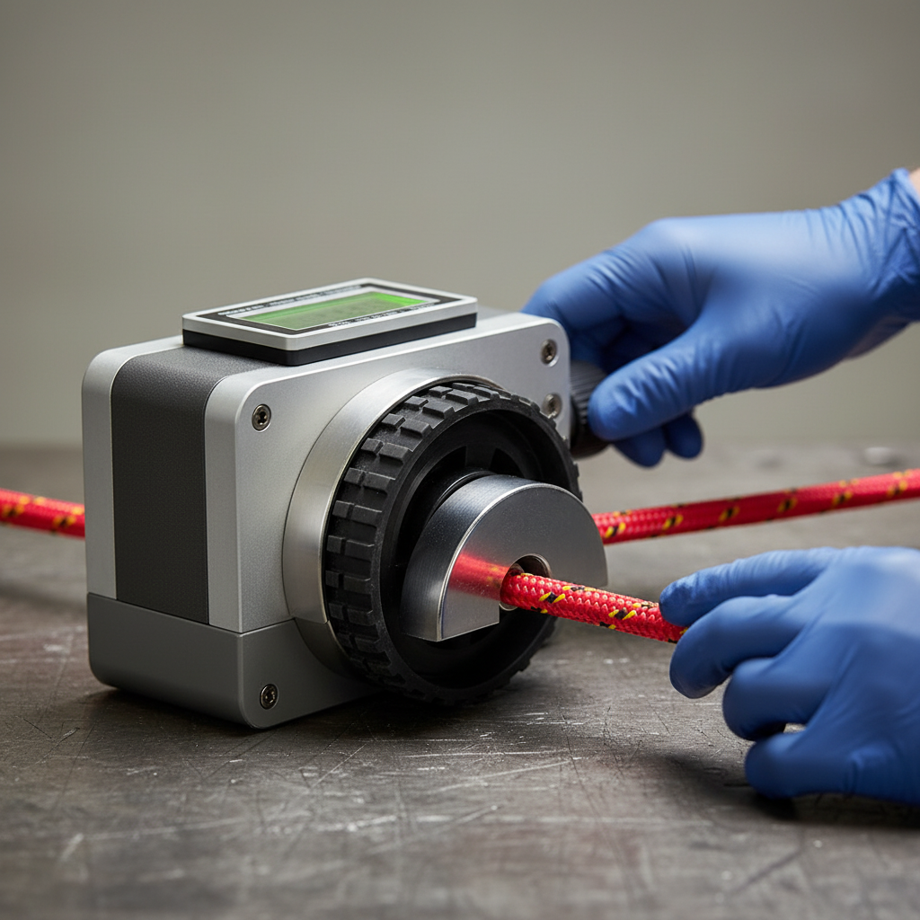 Close-up of anti‑slip measuring wheel and stainless‑steel pressure shoe on a professional rope counter tool in use