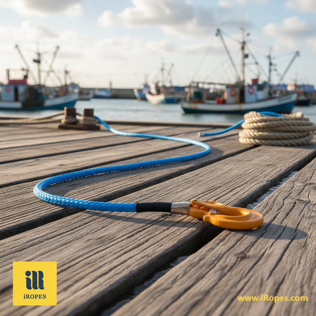 Close-up of synthetic single braided rope with 12‑strand construction, showing bright blue fibres and smooth texture, laid on a marine dock.