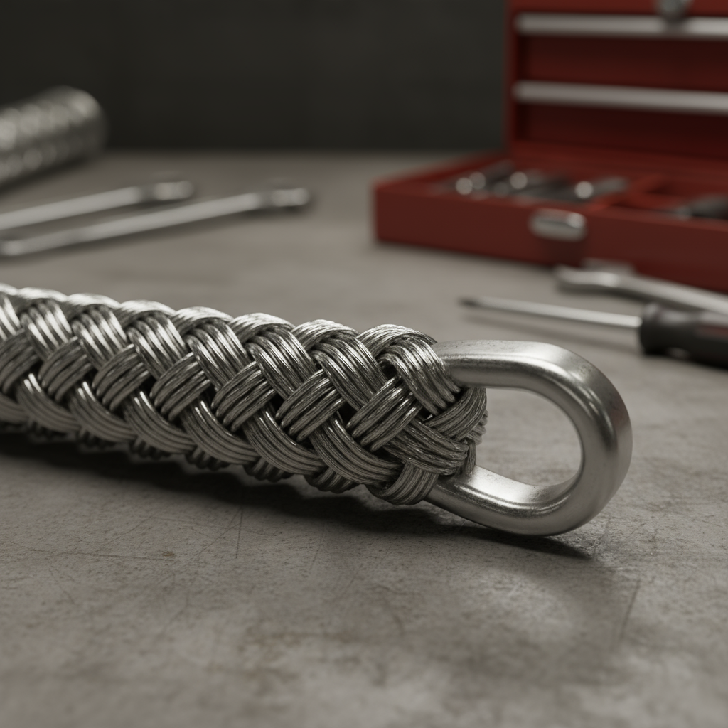 Close‑up of a 6‑part braided single wire rope sling showing interlaced steel strands and fitted steel eye, highlighted against a grey workshop background.