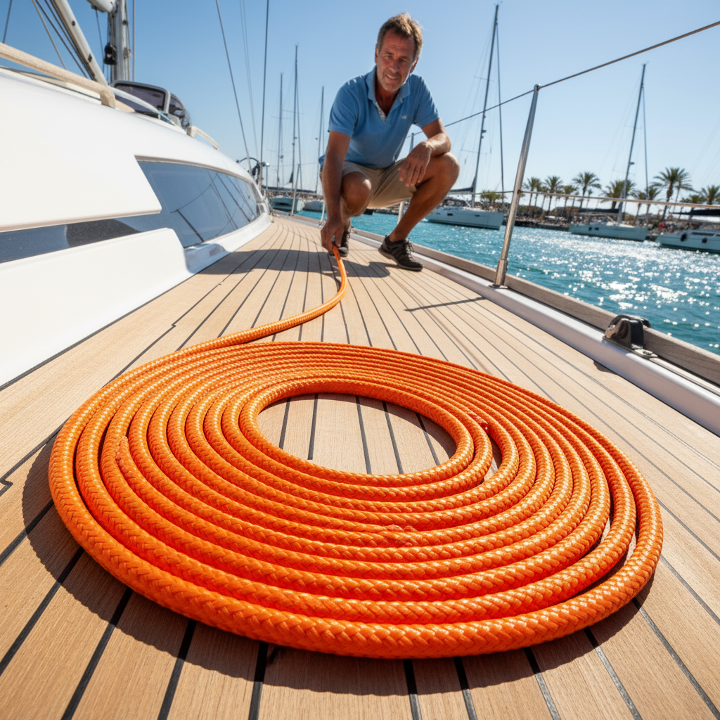 Synthetic single braid line laid on yacht deck, showing bright orange Dyneema fibre with smooth surface