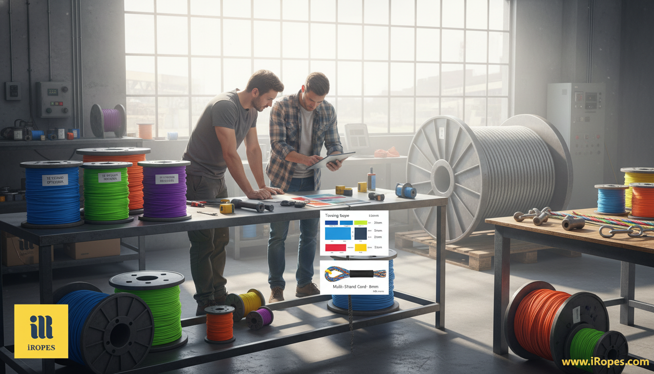Engineers reviewing custom rope specifications on a digital tablet beside spooled synthetic fibers, showing colour swatches and diameter markings