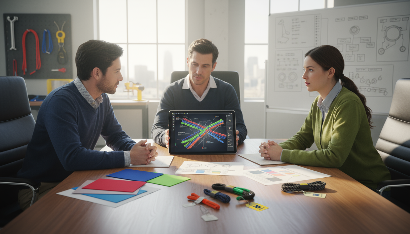 Engineers reviewing a digital rope design on a tablet, colour swatches and dimension charts spread across the table
