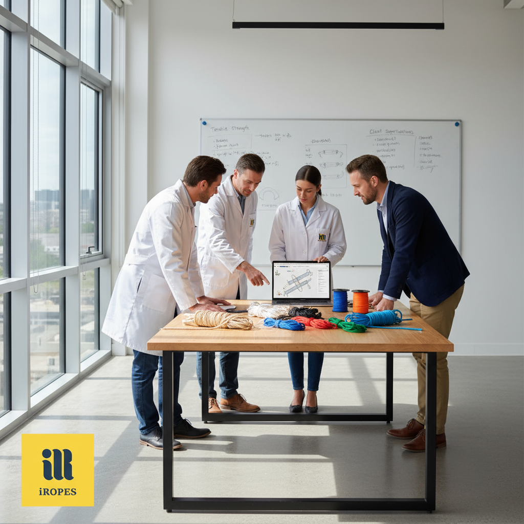 iRopes engineers reviewing material samples and CAD drawings with a client during a custom rope design session