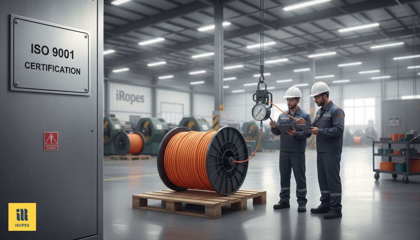 Factory floor showing ISO 9001 certification plaque beside a coil of high‑strength wire rope, with technicians inspecting tension