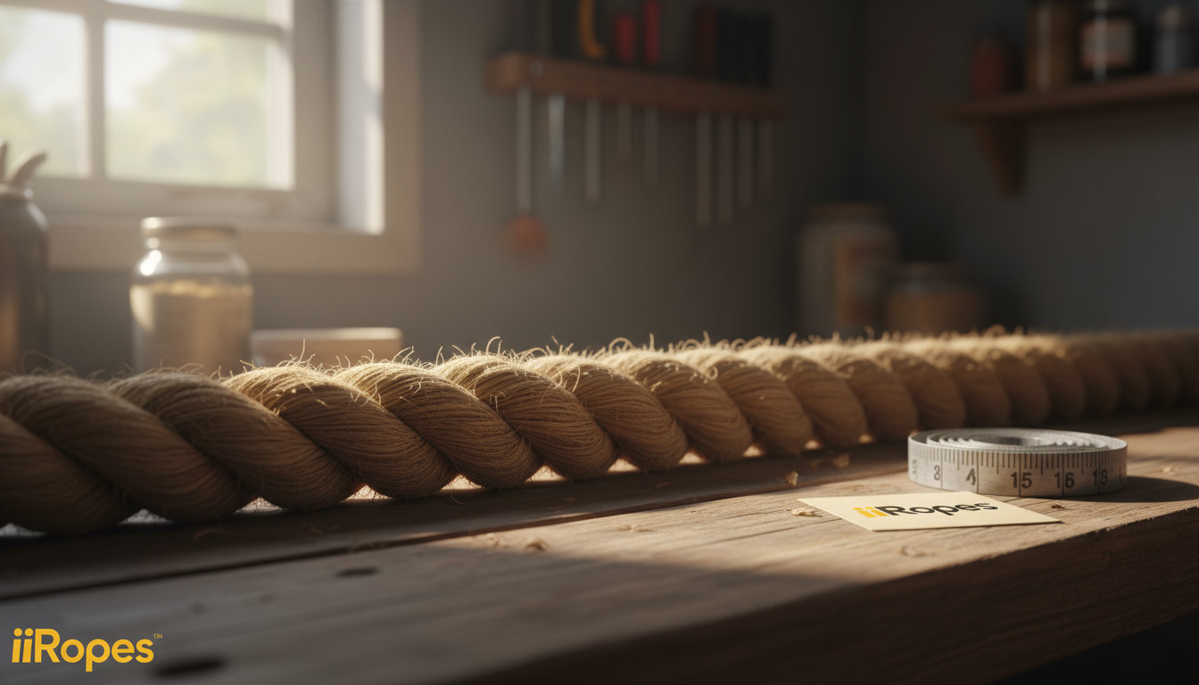 Close‑up of 1.5 inch natural manila rope showing its brown fibres and three‑strand twist