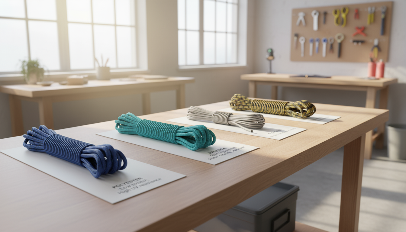 Array of yachting rope material samples—polyester, nylon, Dyneema, and aramid‑polyester blend—displayed on a light‑filled workshop bench.