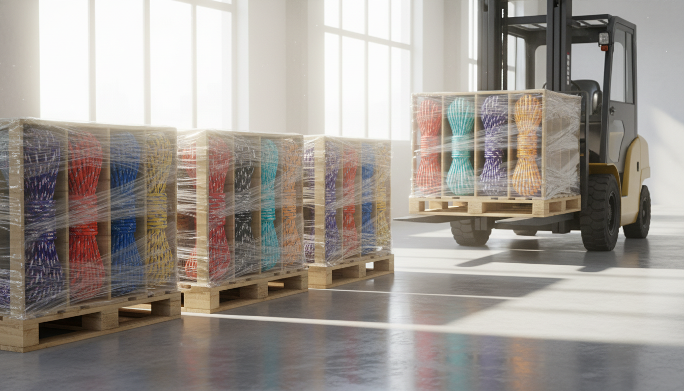Rows of sealed pallets containing coloured yacht braid rope bundles ready for container loading, with a forklift in the background.