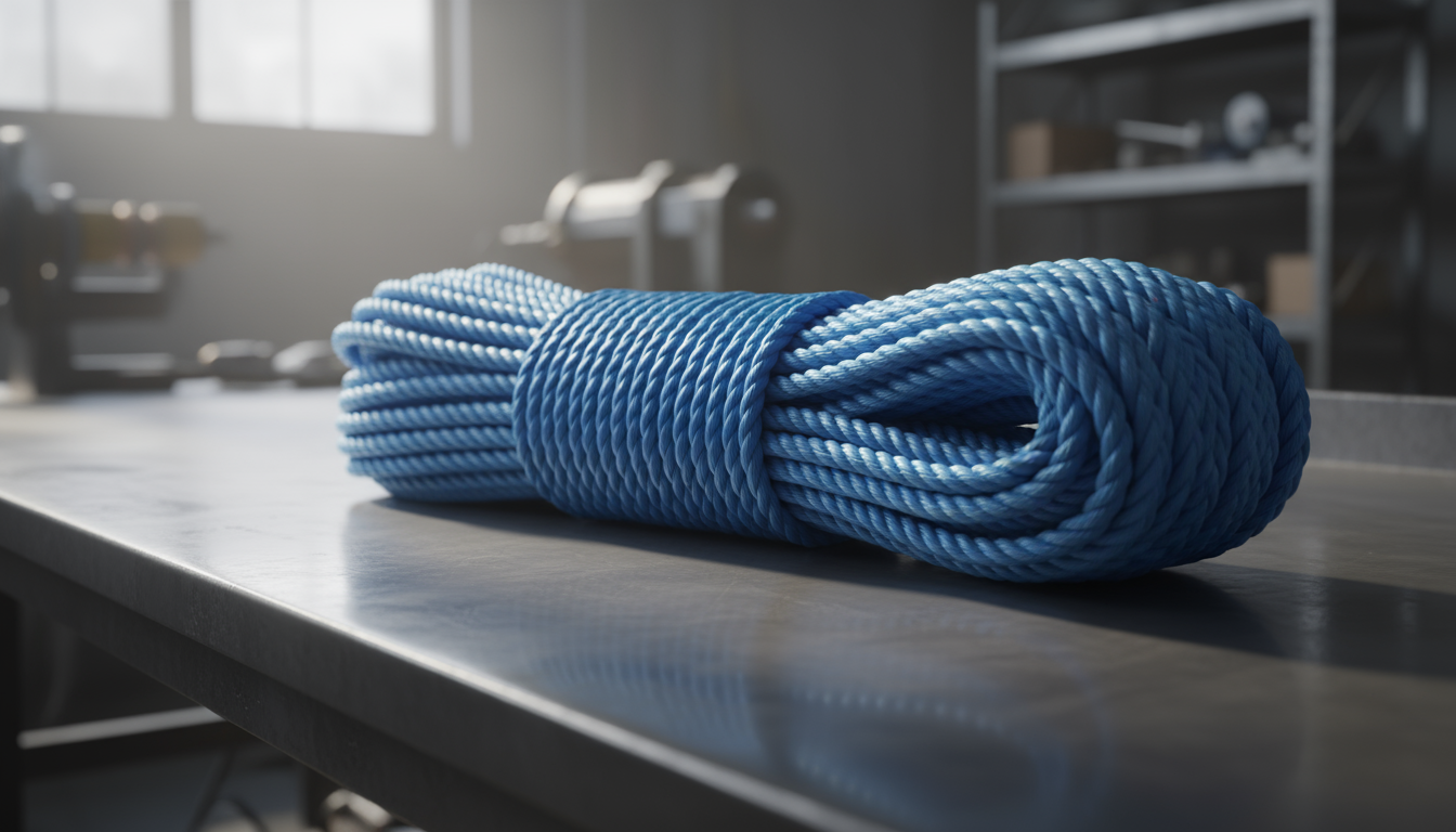 Close‑up view of a 1 inch diameter synthetic rope lying on a steel surface, showing its braided construction and colour