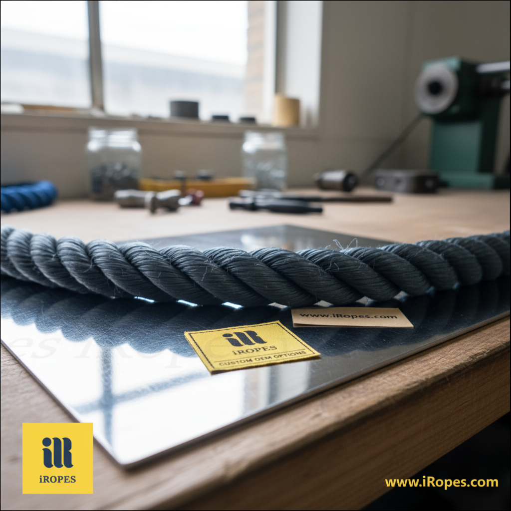 Close‑up of a 3‑inch diameter synthetic rope laid on a steel plate, showing its thick braiding and dark grey colour