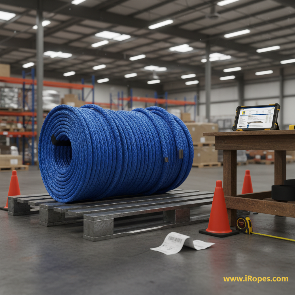 A massive 4‑inch HMPE rope coiled on a steel pallet, highlighting its thick, glossy fibers and robust braiding