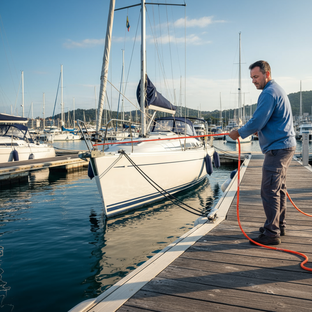 Nylon high stretch rope being pulled across a dock, showing visible elongation as a boat swings into place