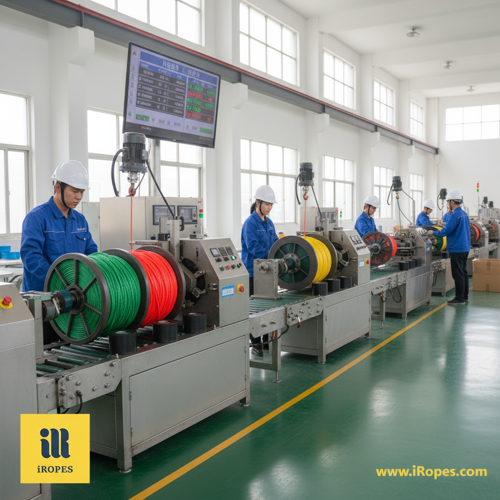 Custom rope production line at iRopes, technicians cutting and spooling colored synthetic fibers