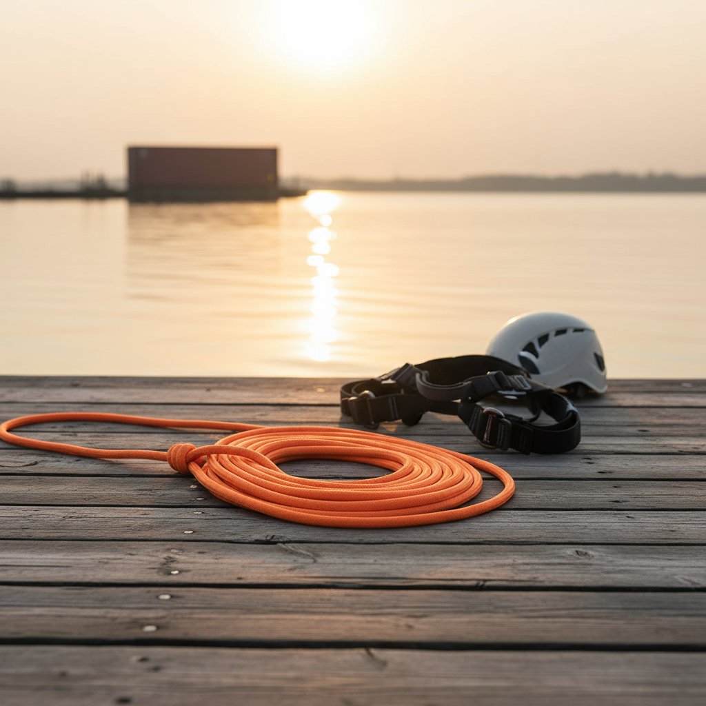 A coiled 1/2‑inch nylon‑polyester rope lying on a dock beside a climbing harness, showing its bright orange colour and flexible texture.