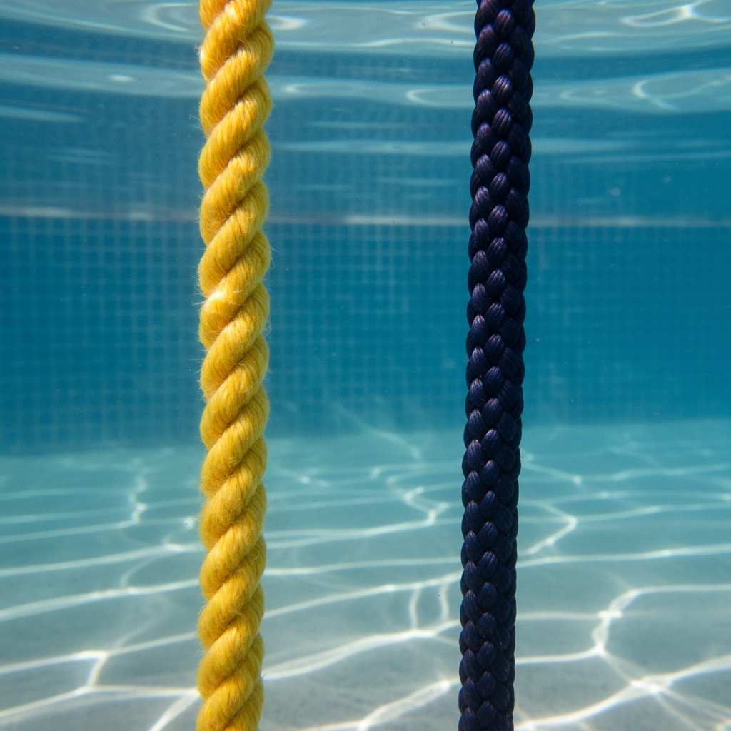 Side‑by‑side view of a yellow polypropylene rope floating beside a dark nylon rope sinking in clear water