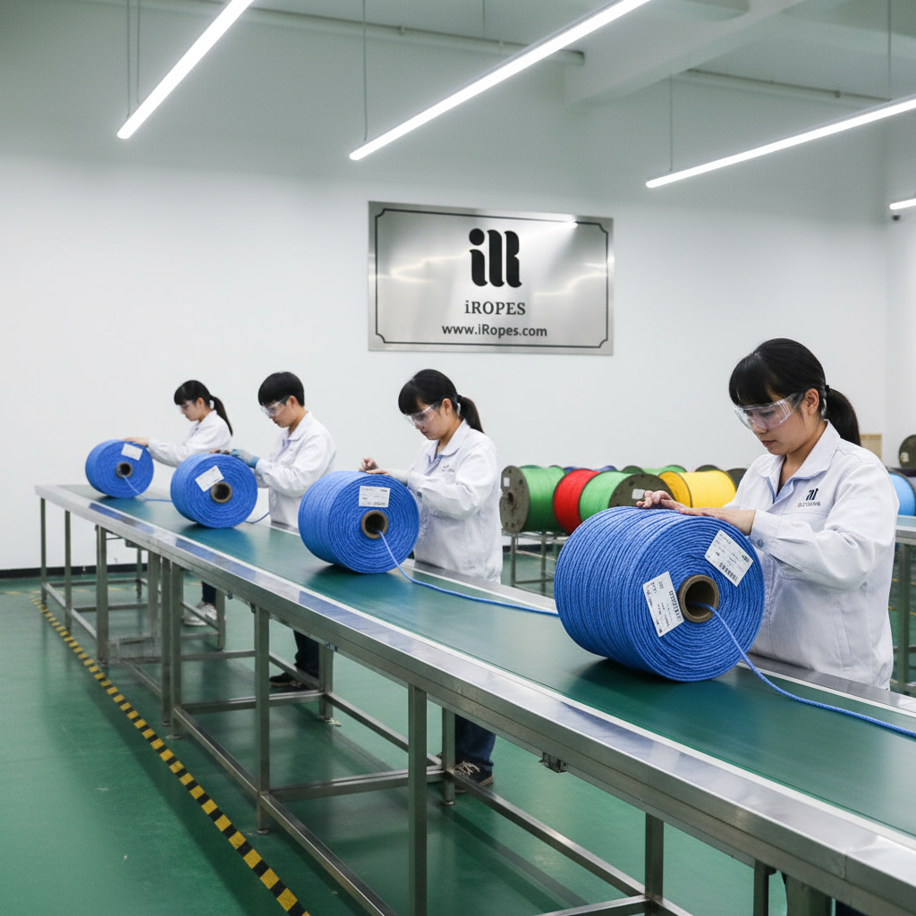 iRopes ISO 9001 certified production line with skilled technicians examining polypropylene rope rolls