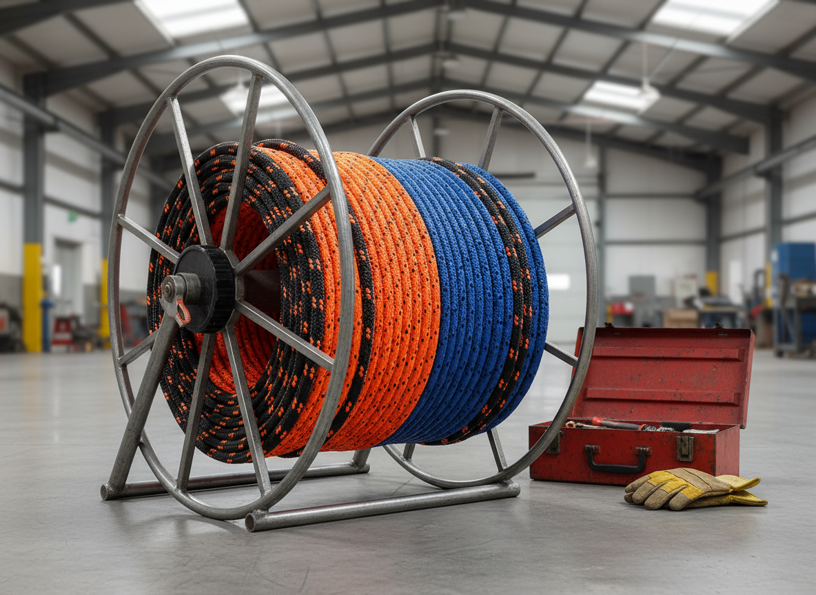 Coiled full pull rope on a heavy‑duty reel, showing the woven texture and colour options for industrial cable pulling projects
