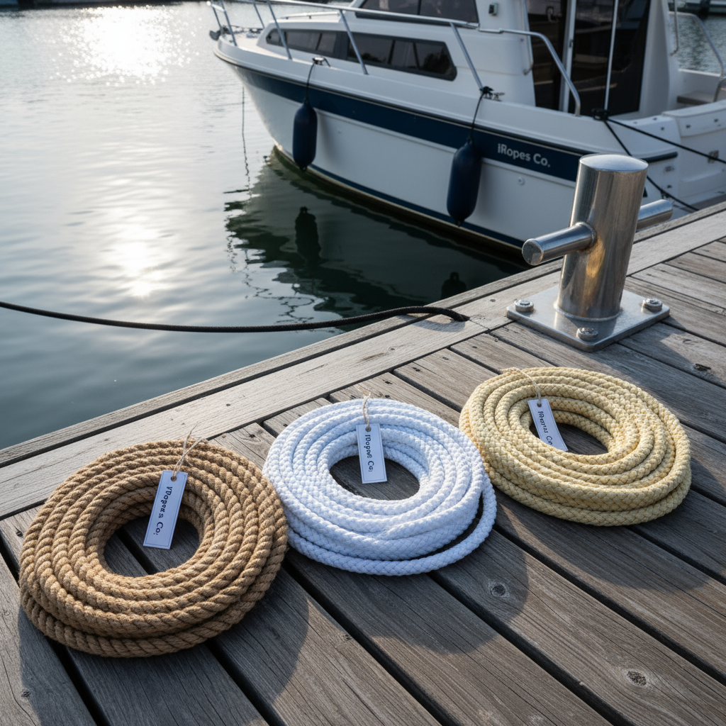 Three examples of mooring rope constructions – 3‑strand, double‑braid, and octoplait, displayed on a marina dock
