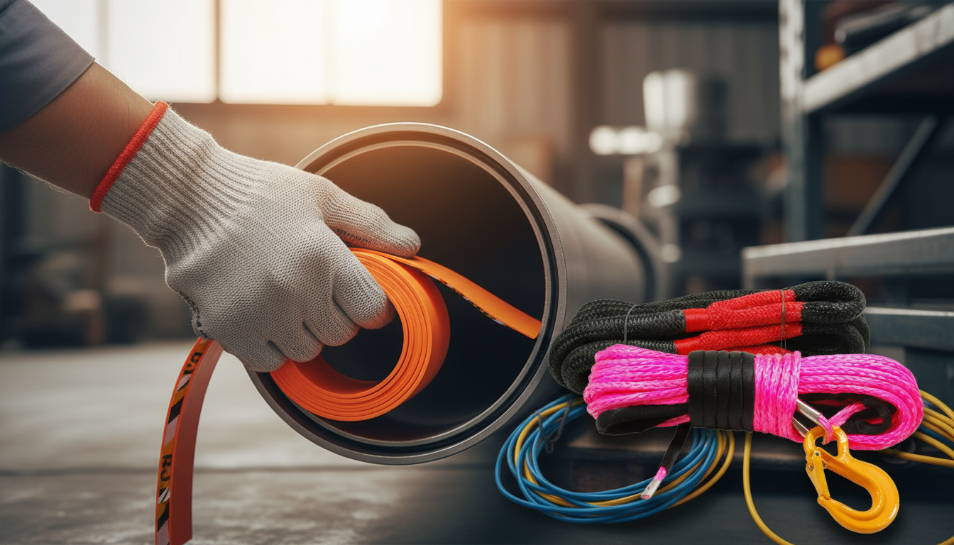 Close-up of polyester pulling tape being unrolled inside a conduit, showing its UV‑resistant coating and colour markings