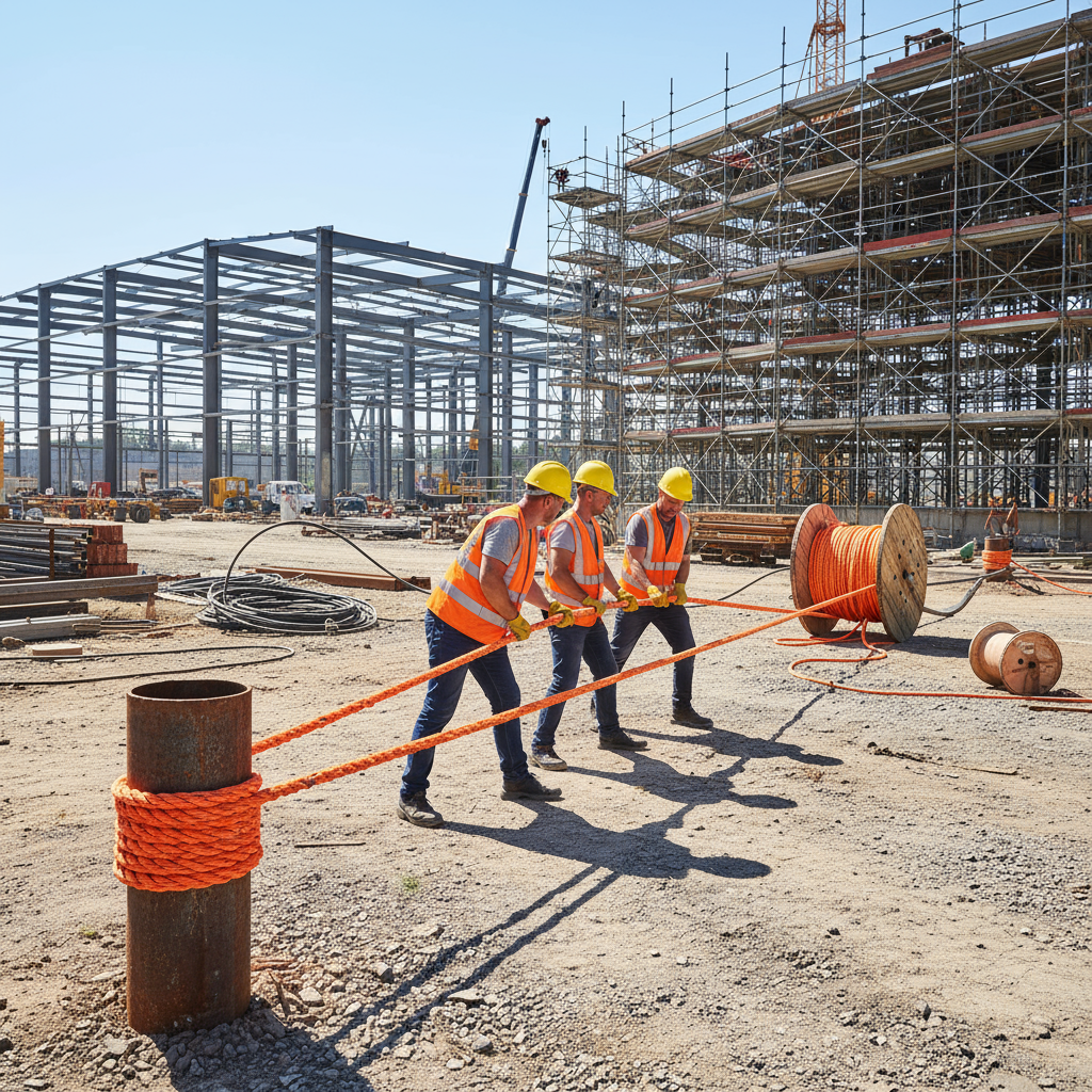 Heavy-duty polyester rope for pulling a long cable run across a construction site, showing bright orange colour and sturdy texture