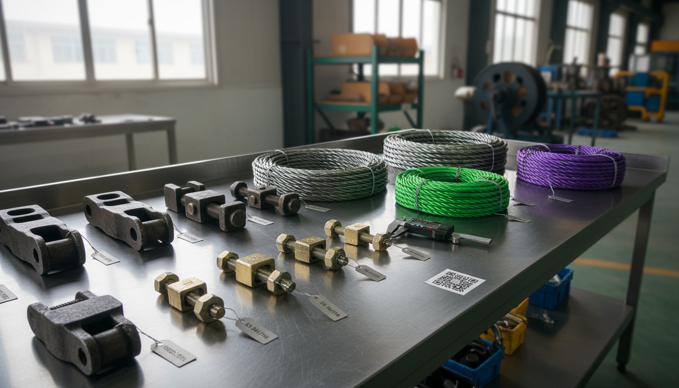 Variety of wire rope clamps displayed on a metal workbench, including forged, malleable and stainless-steel 304/316 models