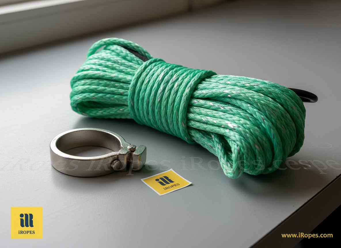 Custom UHMWPE rope dyed teal with reflective striping, coiled beside a stainless-steel clamp, showcasing iRopes’ branding options