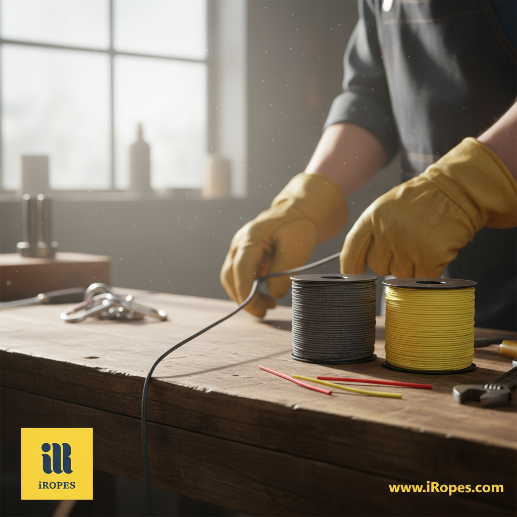 Close-up view of a braided kevlar cord showing the tight weave of aramid fibers, dark grey colour, highlighting its lightweight yet robust appearance.