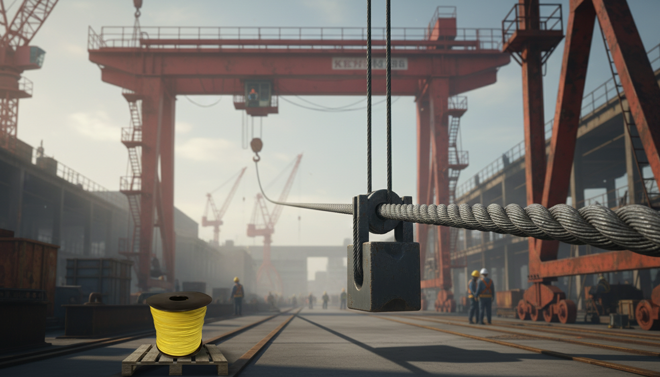 Kevlar rope under load showing minimal stretch and heat‑resistant coating, dark grey fibres against a steel rigging backdrop.