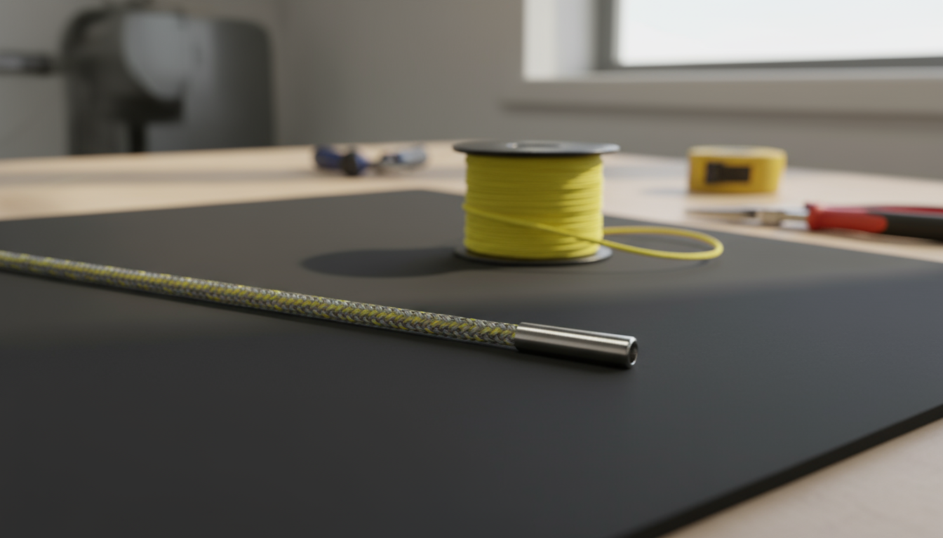 Close-up of a thin braided Kevlar wire used as pull‑cable, showing glossy grey fibres and a small metal ferrule.