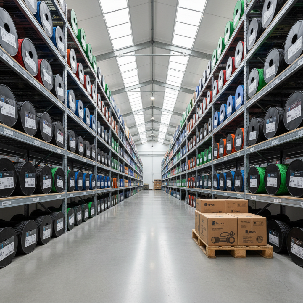 Custom Kevlar rope spools with colour options and branding tags displayed in a warehouse