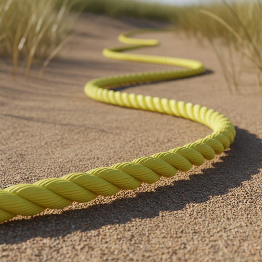 Close‑up of a bright yellow solid‑braid polypropylene rope lying on a sandy trail, showing the tight weave and smooth surface