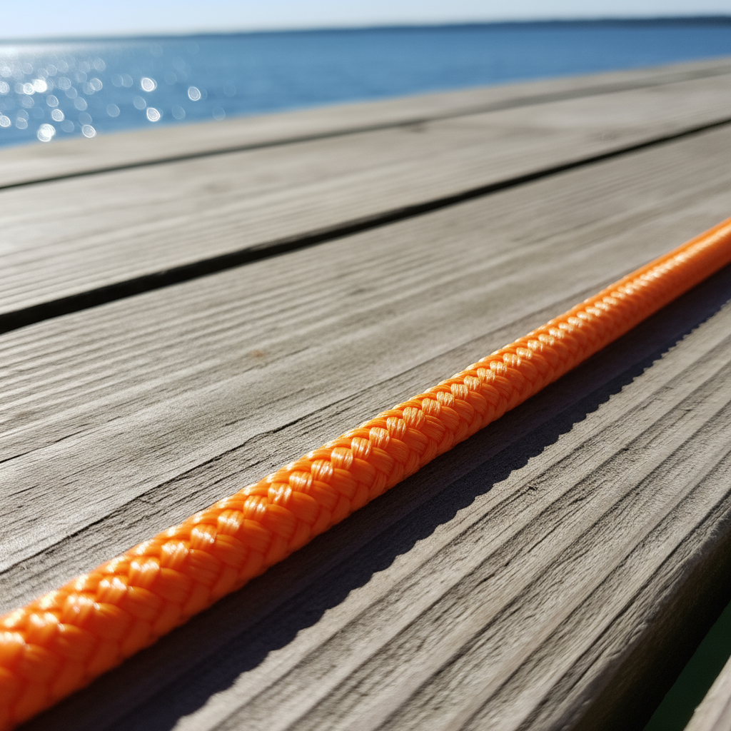 Close‑up of a bright orange polypropylene braid stretched against a sunny dock, showing its smooth surface and vibrant colour