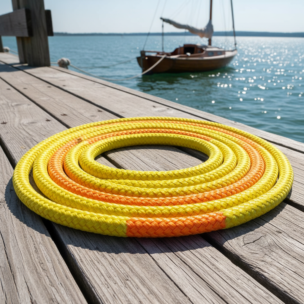 A double‑braid polypropylene rope showing the inner braided core and outer braided sheath, coiled on a dock with bright orange and yellow strands