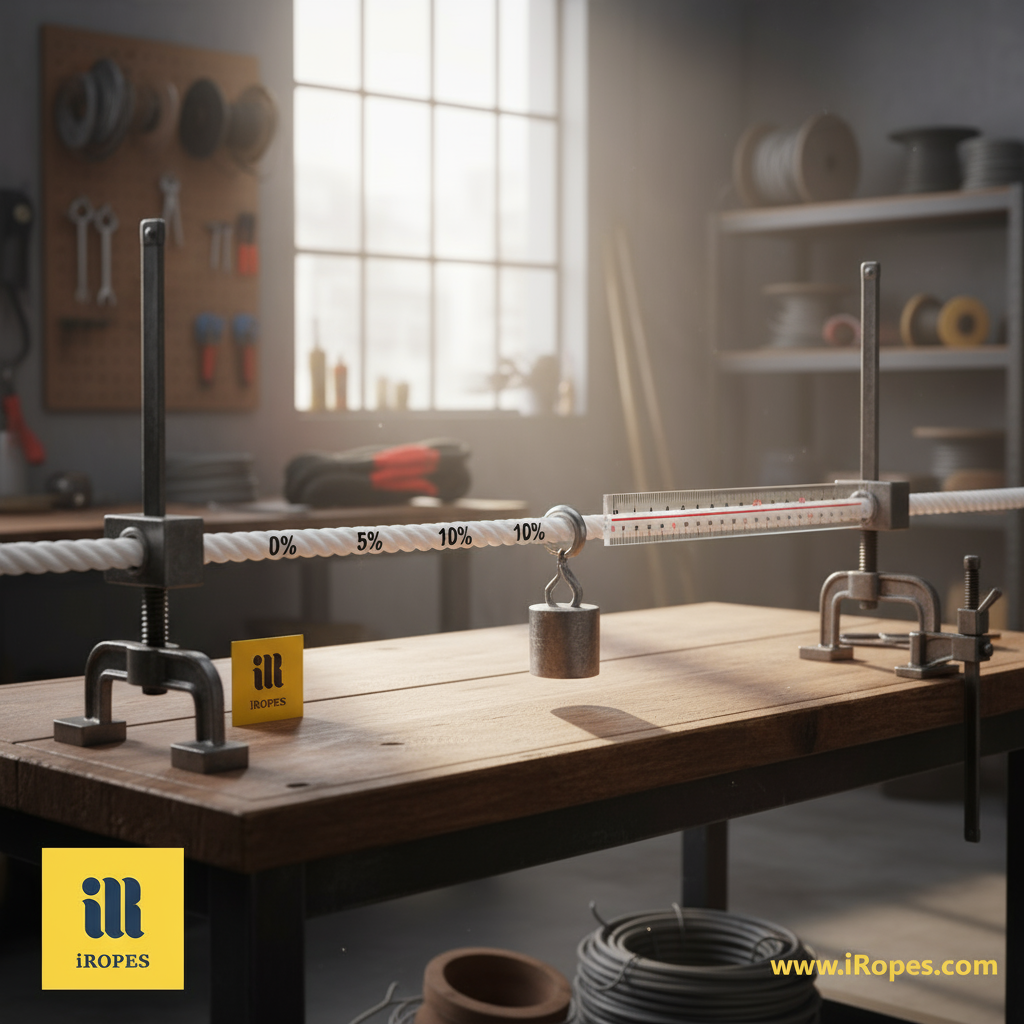 Diagram showing nylon rope elongating under load, with measurement marks indicating percentage stretch