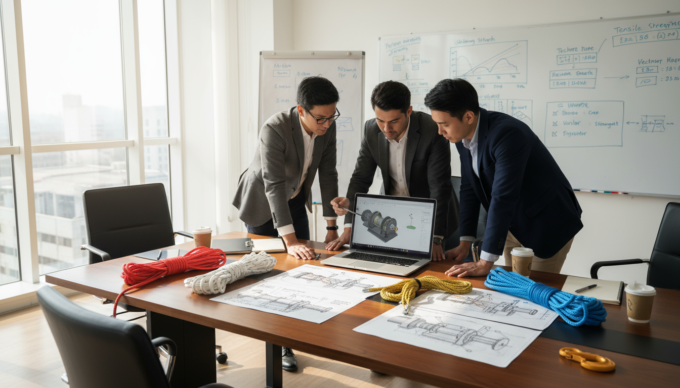 iRopes engineers reviewing material samples and design sketches for a custom marine rope order