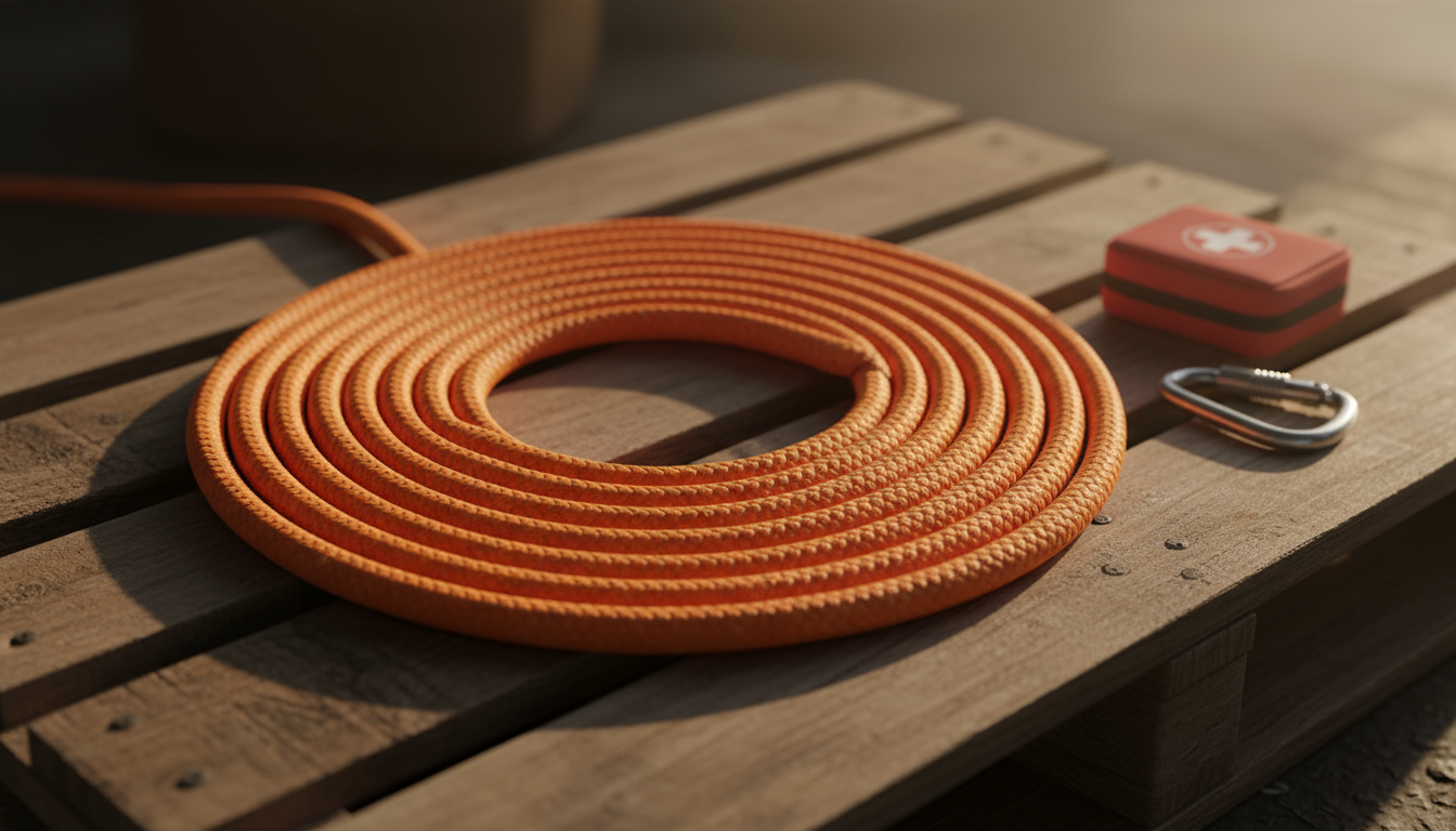Close-up of a 1-inch diameter nylon rope coiled on a wooden pallet, showing its smooth braided texture and vibrant orange colour