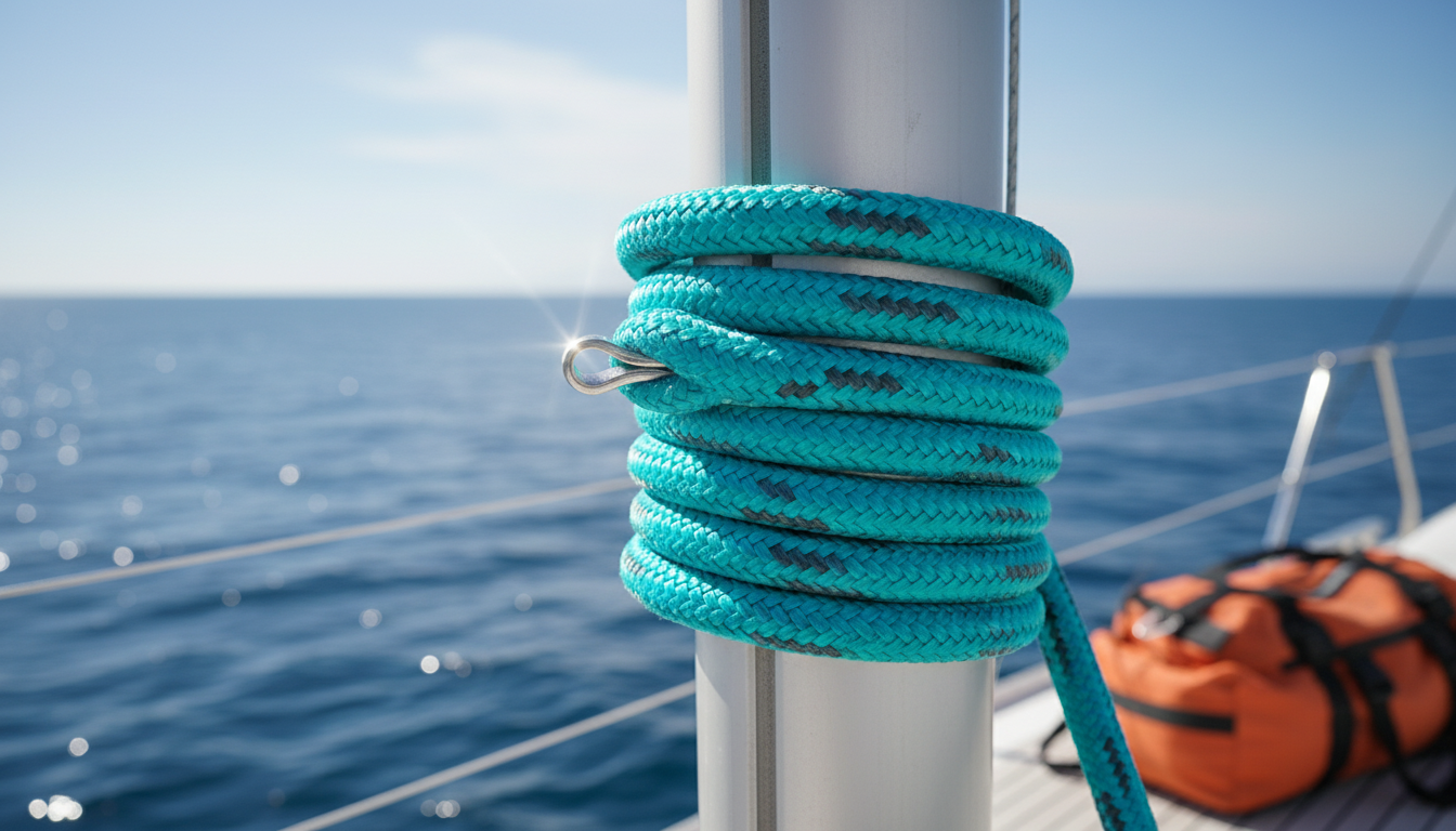 Close-up of a 1-inch braided nylon rope secured to a yacht mast, the bright teal colour standing out against a blue sea horizon