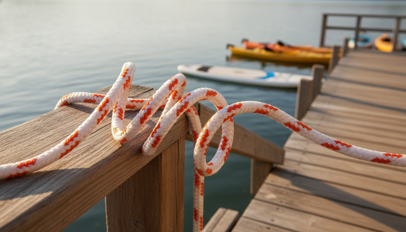 Close-up of polypropylene braided cord showing solid and diamond braid patterns, bright orange colour, lying on a dock rail