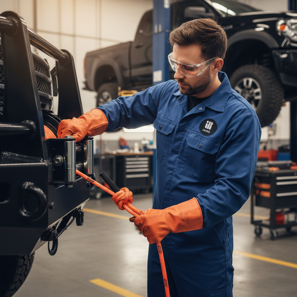 ช่างเทคนิคกำลังต่อสายดึงสังเคราะห์เข้ากับดรัมวินช์ของรถบรรทุก แสดงการวนและการตึงที่ถูกต้อง