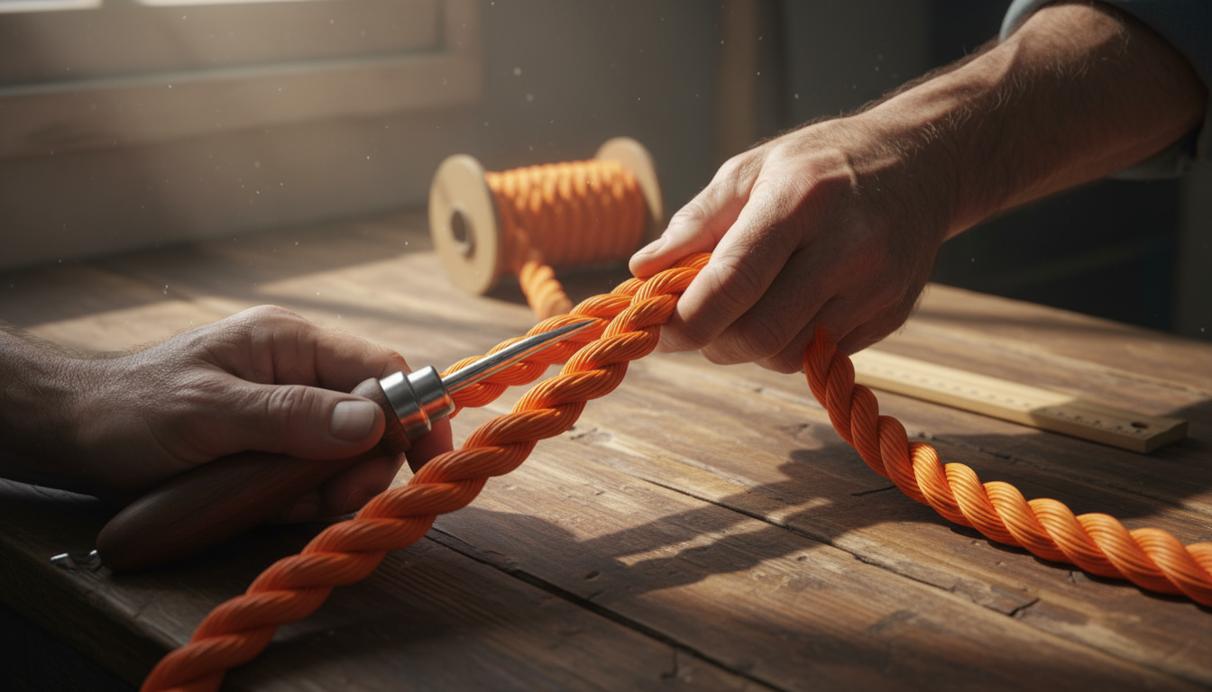 Close‑up of a three‑strand synthetic rope being unlaid with a fid, showing individual strands ready for an eye splice