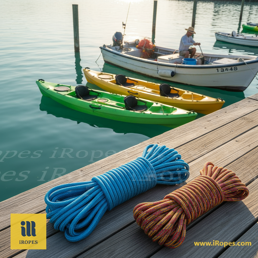 A 1‑inch diameter nylon rope coiled on a dock, showing its double‑braid construction and bright blue colour for easy identification