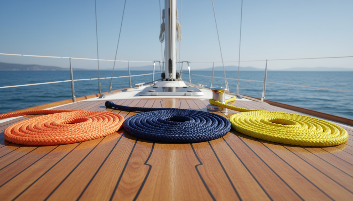 Three types of sailing rope—nylon, polyester, and Dyneema—displayed side by side on a yacht deck, illustrating colour and texture variations