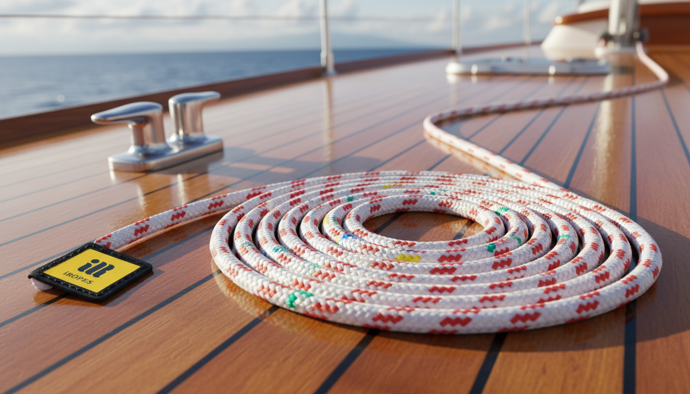 Close‑up of a coiled sailing rope with custom colour bands and iRopes label on a yacht deck