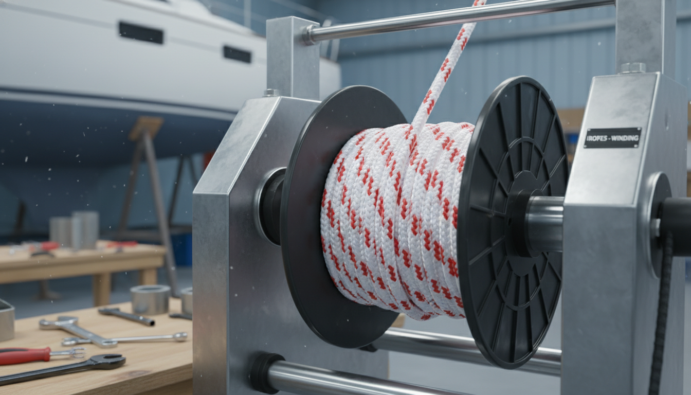 Close‑up of twisted 3‑strand marine rope being wound on a spooling machine, highlighting the three fibre bundles and the glossy coating