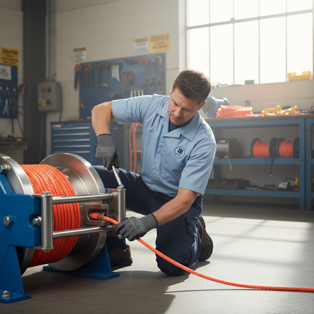 Technician securing synthetic rope to a winch drum with bolt and wedge, demonstrating safe installation steps