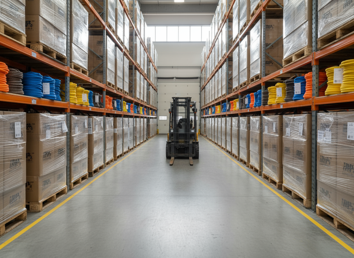 Warehouse with stacked pallets of custom polyethylene rope ready for global shipment, showing colour-coded spools and protective packaging