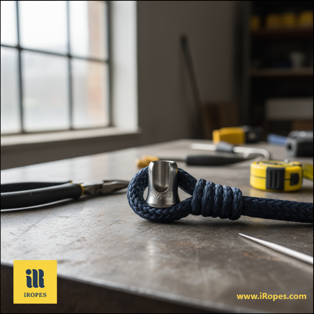 Close‑up of a professionally spliced rope eye showing the interwoven strands and a thimble.